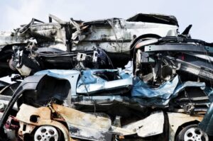 Pile of junk cars in lot used for recycling